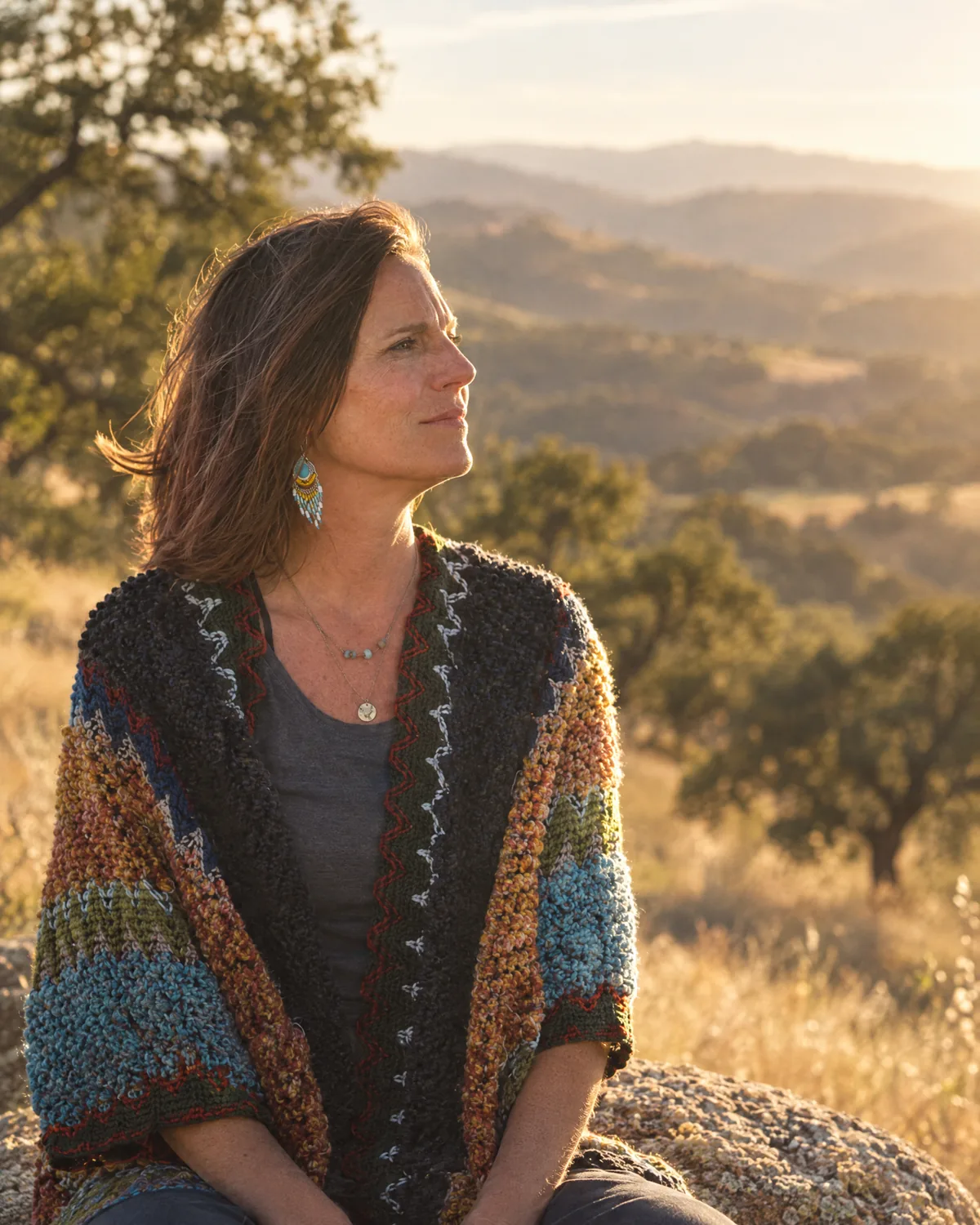 Katie Shearman sitting on a granite boulder on a golden hillside among oaks